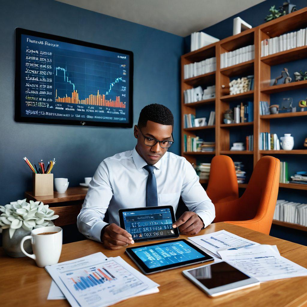 An engaging scene depicting a person of diverse descent, thoughtfully analyzing a loan calculator on a digital tablet, surrounded by floating numbers representing various interest rates and financial graphs. Include a cozy, modern office environment with bookshelves filled with finance books and a cup of coffee beside them, reflecting a smart financial decision-making atmosphere. super-realistic. vibrant colors. 3D.