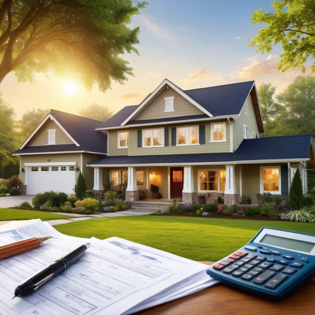 A beautiful, cozy dream home set in a lush green landscape, with a glowing 'For Sale' sign in front. In the foreground, an elegant calculator and financial documents are placed, symbolizing mortgage estimators and financing tools. The sky is clear with gentle sunlight, illuminating the scene, bringing warmth and hope. Include a diverse group of happy families examining homes in the background, reflecting a sense of community and aspiration. super-realistic. vibrant colors. sunny ambiance.
