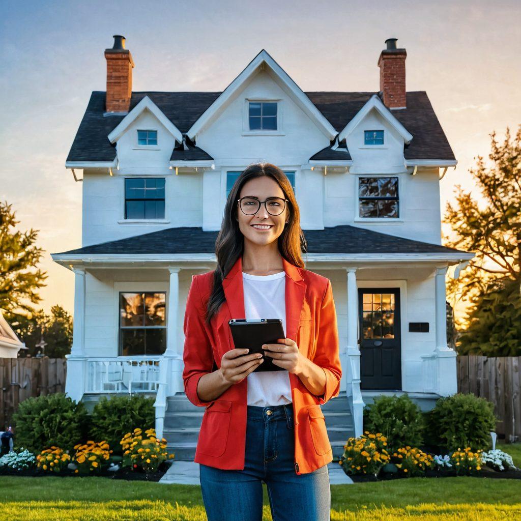 A visually engaging illustration of a first-time home buyer standing in front of a charming house, holding a giant calculator surrounded by essential tools such as a blueprint, a home inspection checklist, and a glowing lightbulb symbolizing ideas. The scene is bright and inviting, with a sunny sky and vibrant flowers in the yard to evoke hope and excitement. minimalistic style. vibrant colors. 3D.